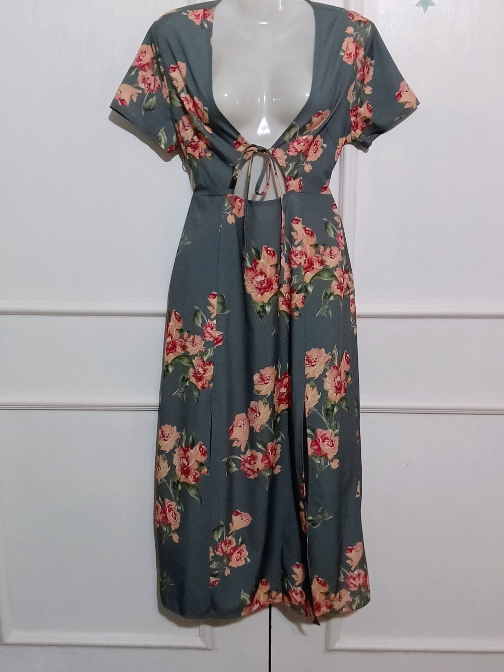 Floral Tie-Front Midi Dress in Slate Green